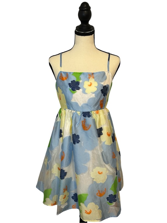 entro Dresses & Skirts - Entro Floral Organza Mini Dress Blue Yellow Tie Back Watercolor Boutique Sz L